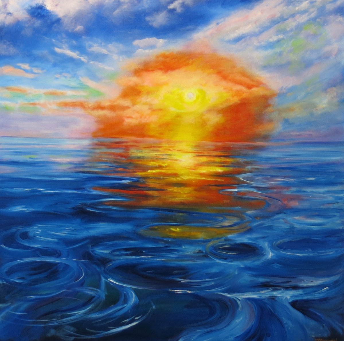 Impressionistic Landscape Oil Painting By Maureen Greenwood, 30 X 30", Sunset Reflections, Original Artwork