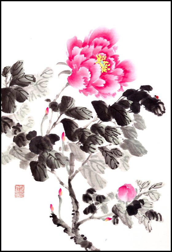 Red Peony and Ladybug