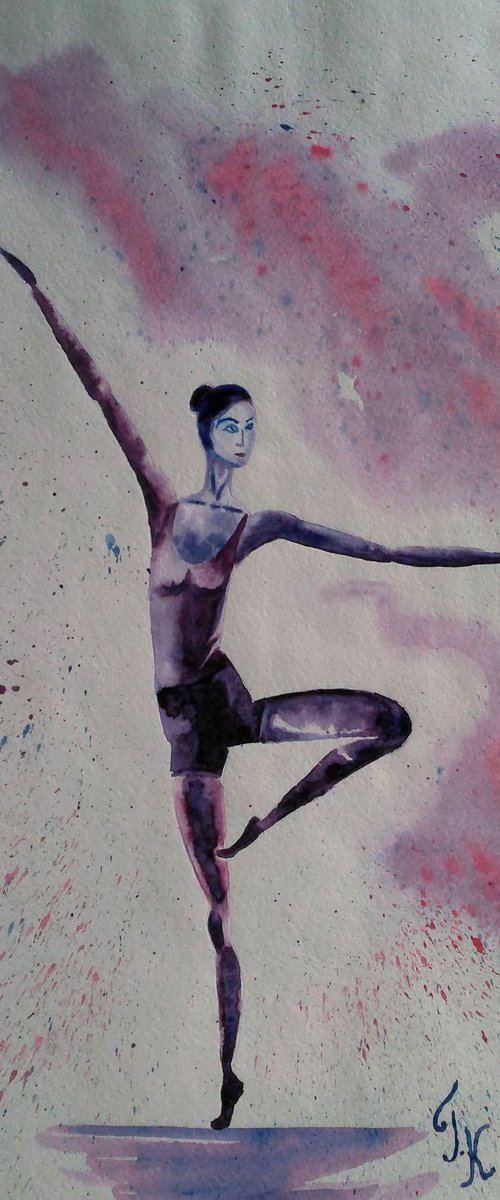 dancer original purple monochrome watercolor paintig " Dancing soul" by Halyna Kirichenko