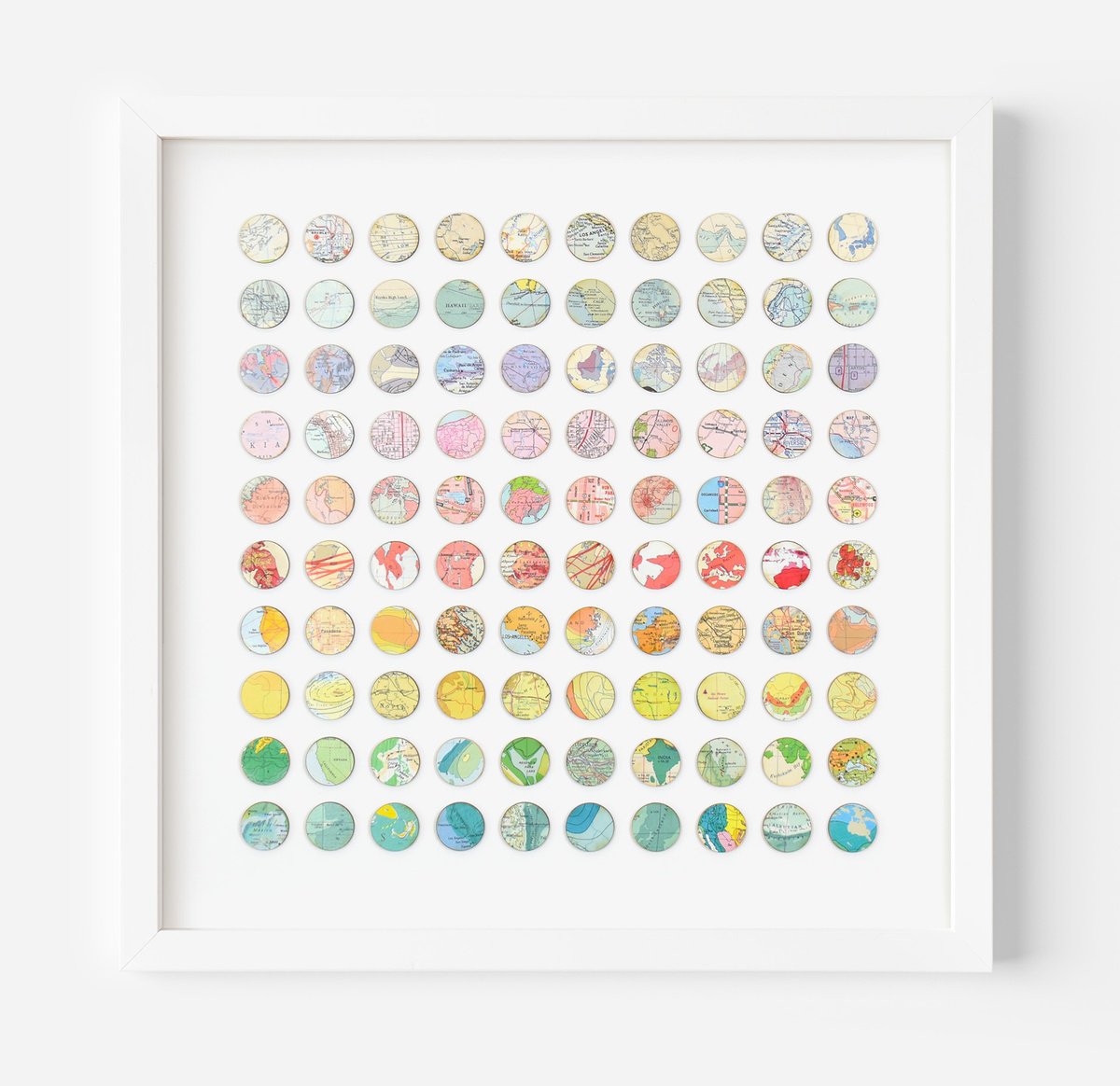 Geometric Abstract Collage By Amelia Coward, 22 X 22, 100 Rainbow Map Dots, Original Artwork