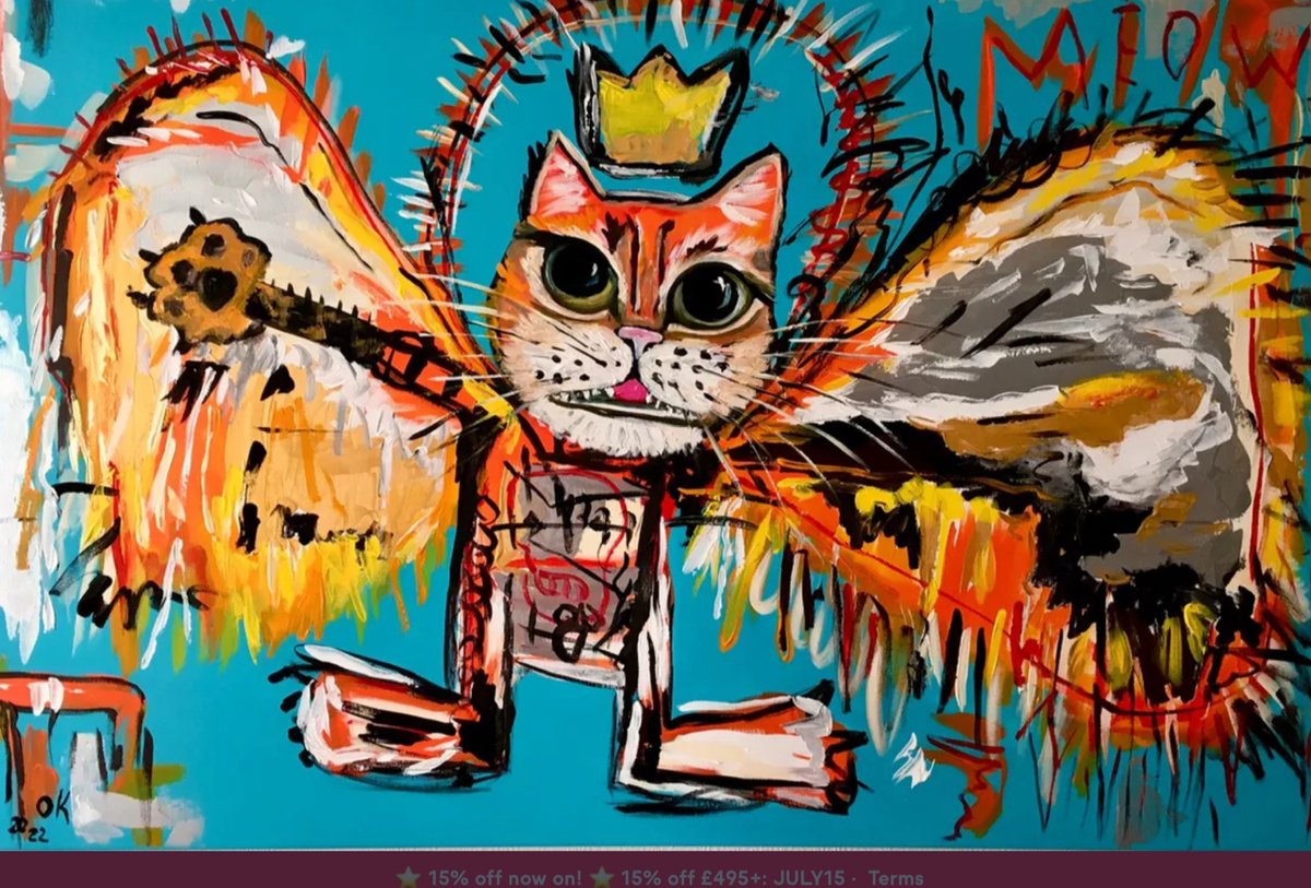 Expressive Animal Acrylic Painting By Olga Koval, 48 X 32", Red Cat King Fallen Angel, Original Artwork