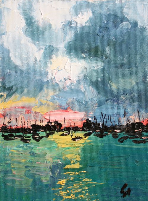 Sunset in the Harbour / FROM MY A SERIES OF MINI WORKS LANDSCAPE / ORIGINAL PAINTING by Salana Art Gallery