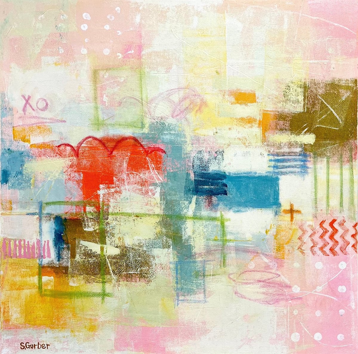 Geometric Landscape Acrylic Painting By Shellie Garber, 24 X 24", Spring In Central Park, Original Artwork