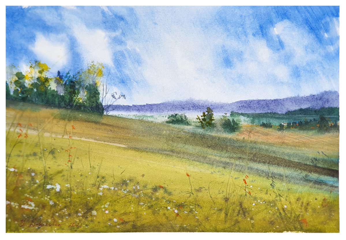 Impressionistic Landscape Watercolour By Yulia Schuster, 12 X 8", The Calm After The Storm, Original Artwork