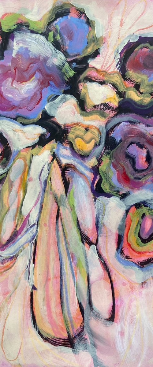 HAPPY YOU ARE HERE- mixed media A3 abstract flowers painting on paper by Yulia Ani