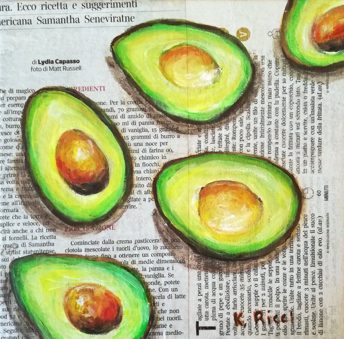 Avocadoes on Newspaper Original Acrylic on Canvas Board Painting 8 by 8 inches (20x20 cm... by Katia Ricci