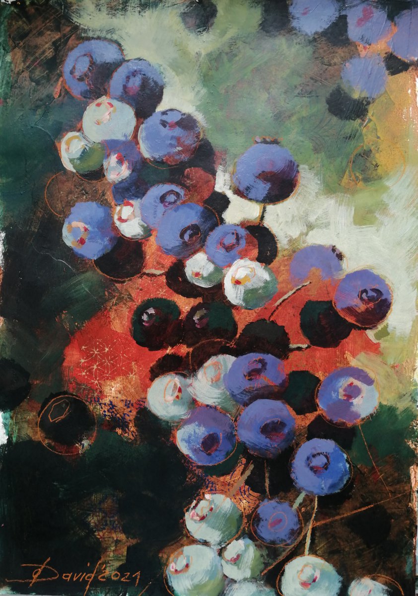 Impressionistic Botanical Acrylic Painting By Olga David, 12 X 17", Blueberries, Original Artwork