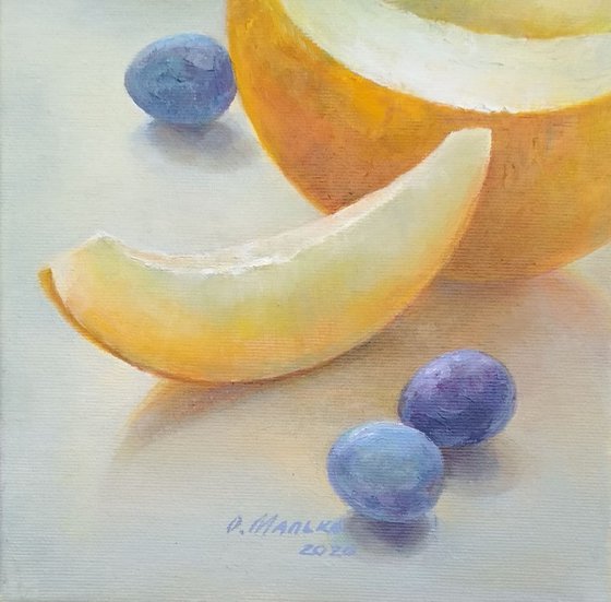 Melon slices / Original still life. Kitchen wall art. Oil painting on canvas