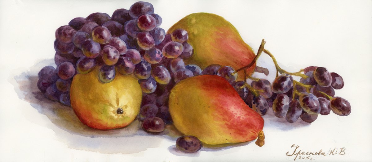 Photorealistic Still Life Watercolour By Yulia Krasnov, 19 X 9", Pears And Grapes, Original Artwork