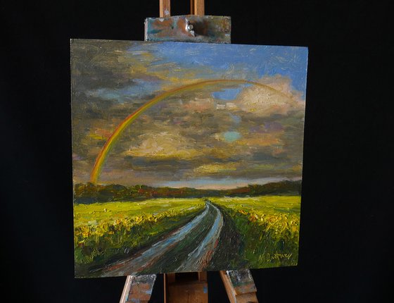 Rainbow Over The Wet Road - sunny summer landscape painting