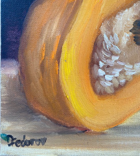 A small pumpkin cut in a half. still life