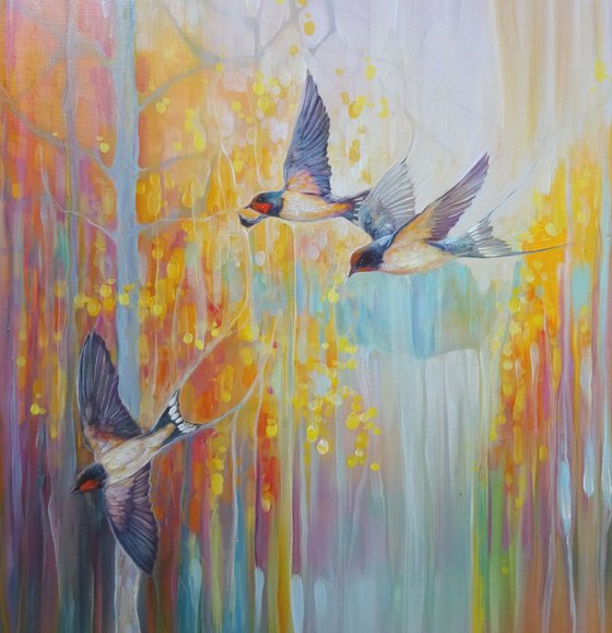 Swallow Song - autumn landscape original oil painting