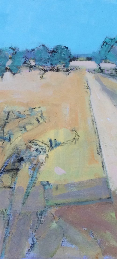 Spreading Fields.   Colourful original acrylic landscape by Chrissie Havers