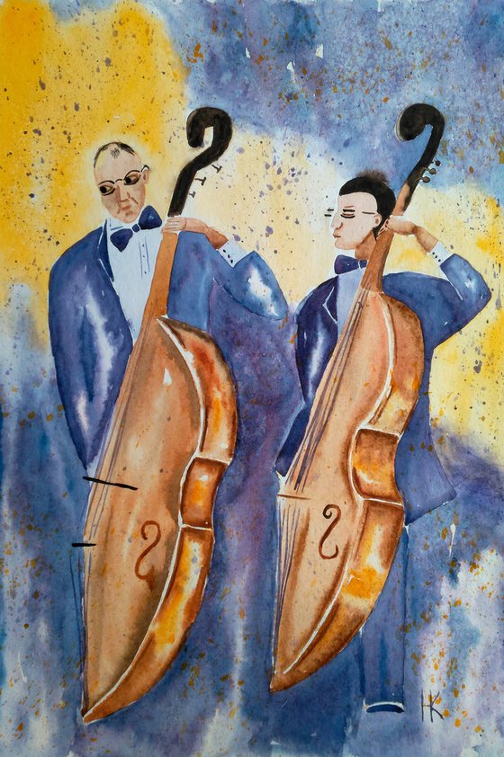 Jazz Kontrabas Original Watercolor Painting