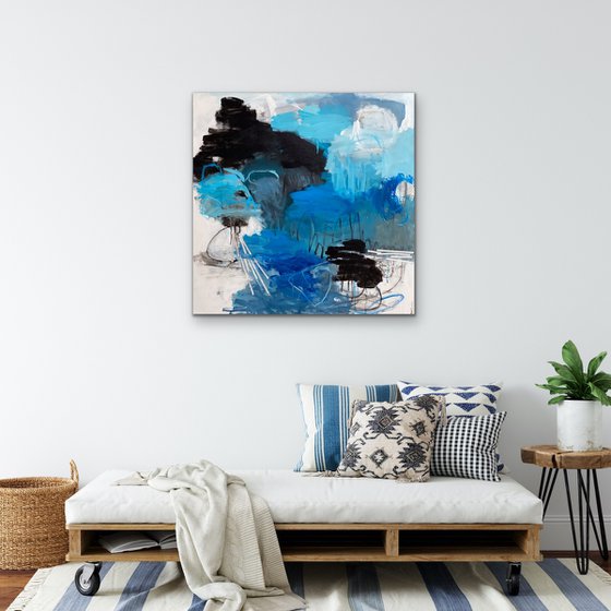 Blue on Black - playful bold whimsical abstract blue, black and white painting