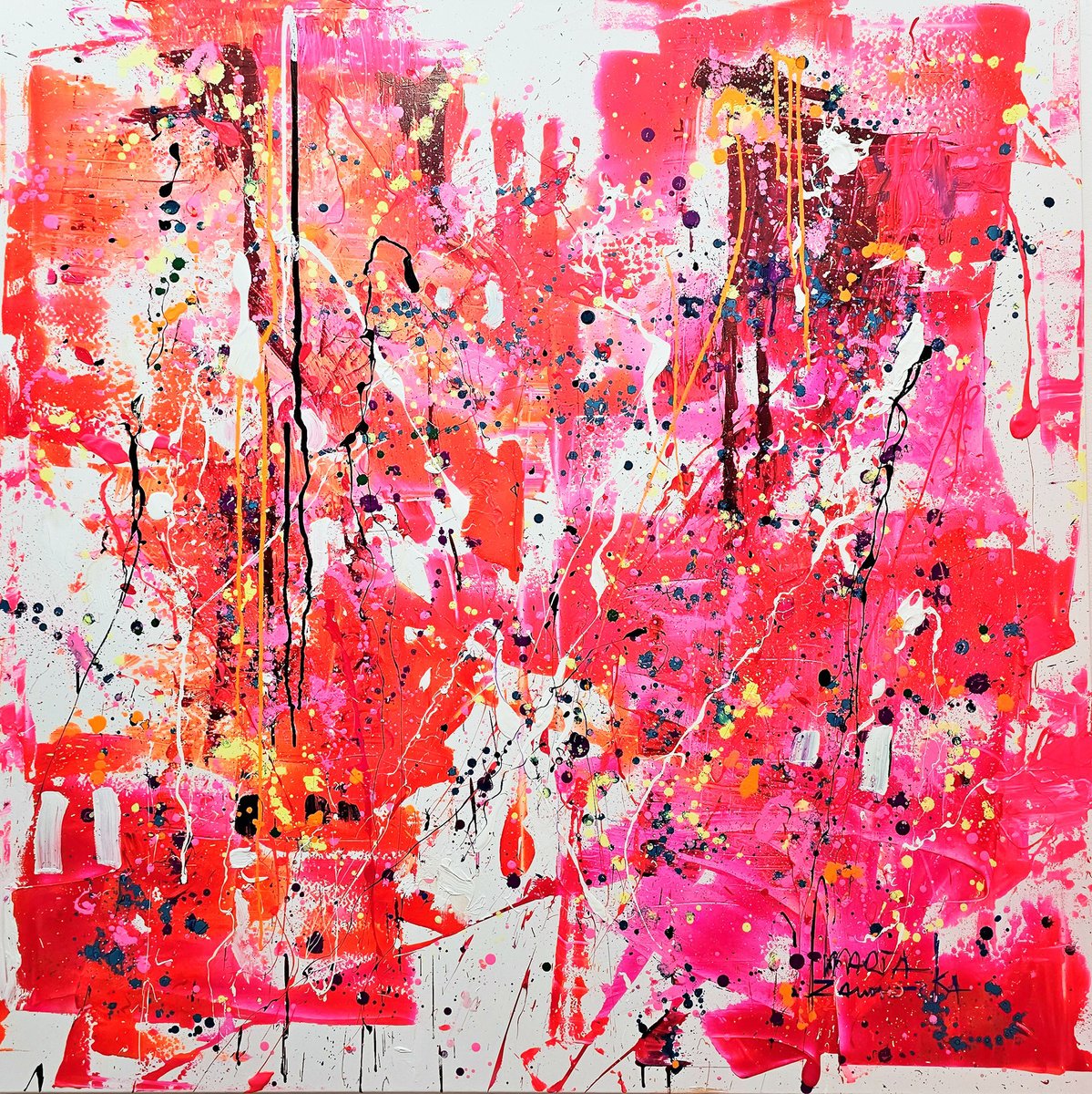 Abstract Acrylic Painting By Marta Zawadzka, 51 X 51", Pink Butterfly, Original Artwork