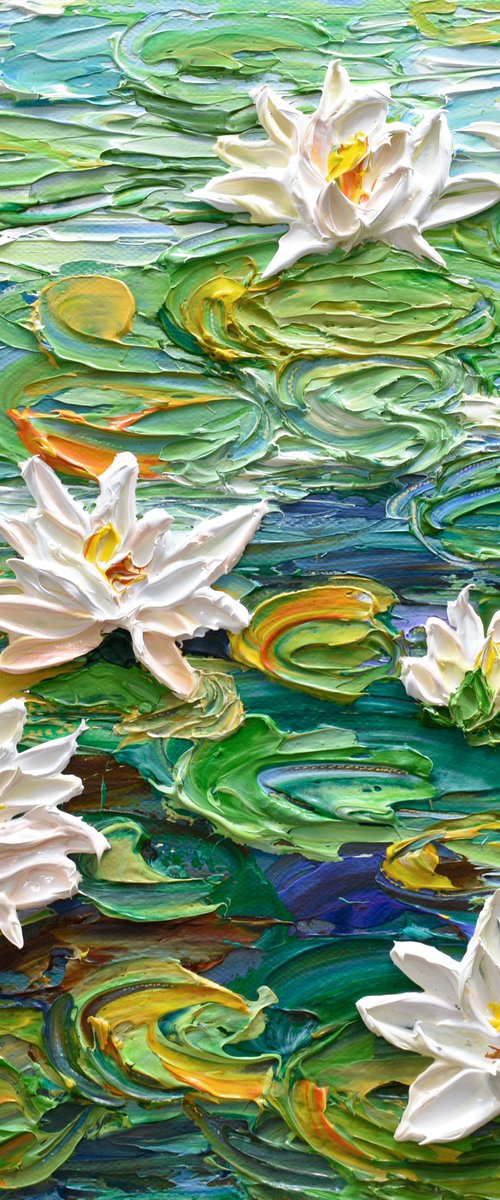 Water Lilies Pond III - Impasto Floral Art, Palette Knife Painting by Olga Tkachyk