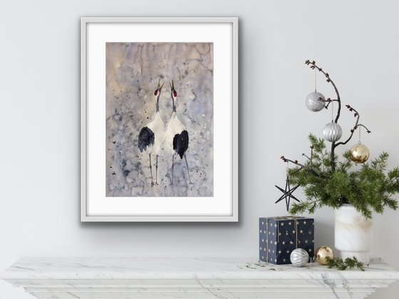 Bird watercolor painting - Japanese cranes large wall art - Wedding gift idea