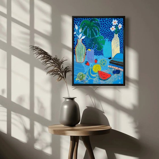 Blue Still Life with Fruits