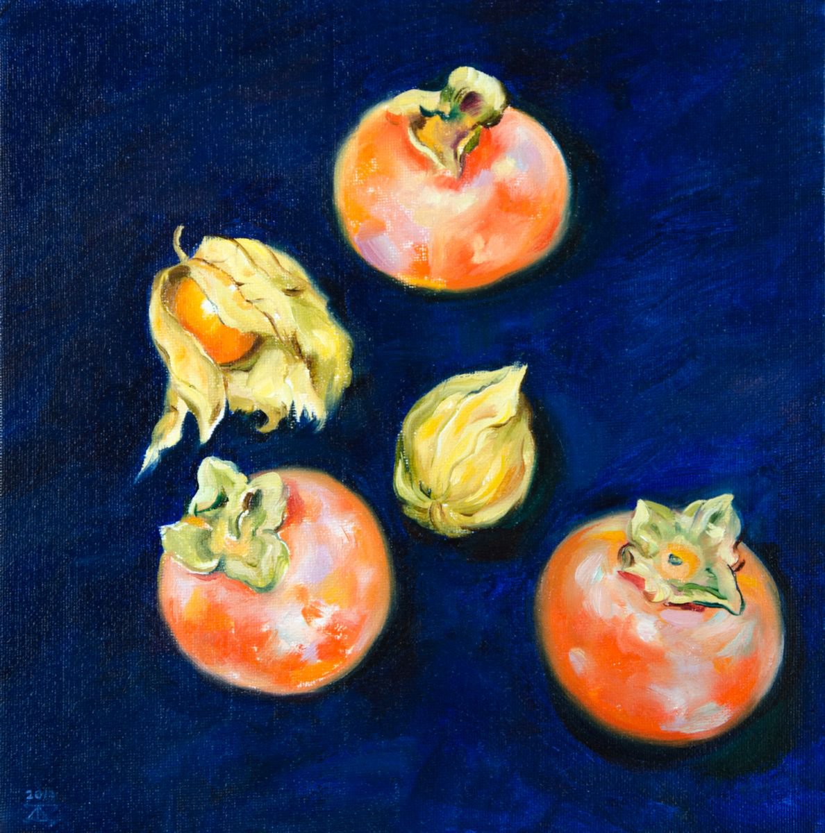 Photorealistic Still Life Oil Painting By Daria Galinski, 12 X 12, Persimmons And Physalis, Original Artwork