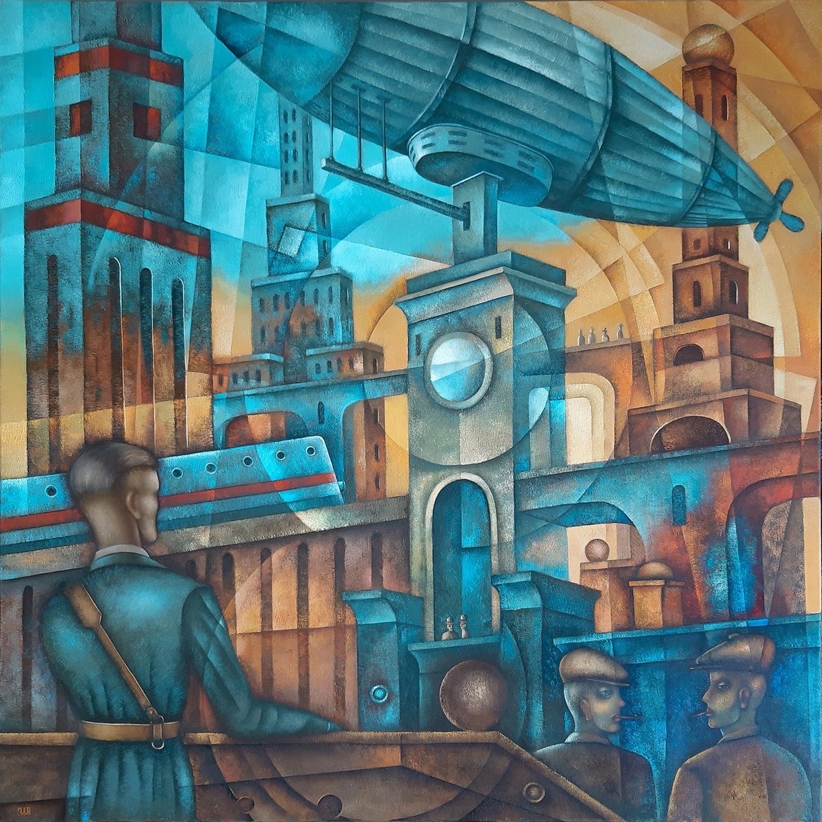 Surrealistic Cityscapes Oil Painting By Eugene Ivanov, 39 X 39, Terminal, Original Artwork