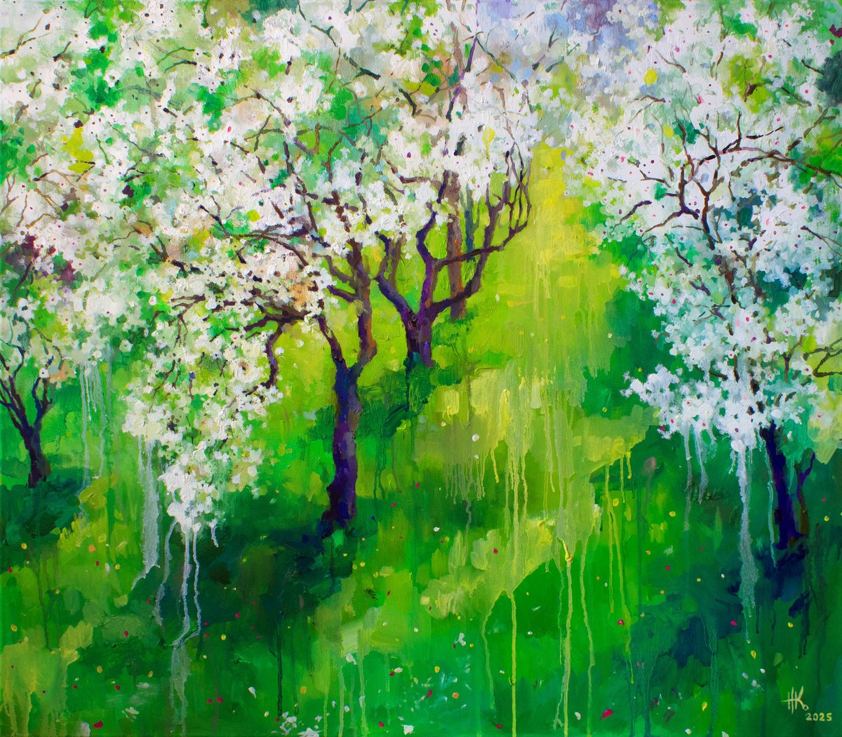 Expressive Landscape Oil Painting By Zhanna Kondratenko, 31 X 28", Whispers Of Blossom Light, Original Artwork