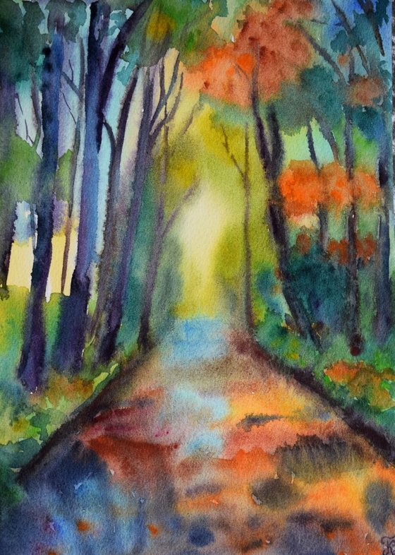 Fall watercolor painting Autumn forest with river
