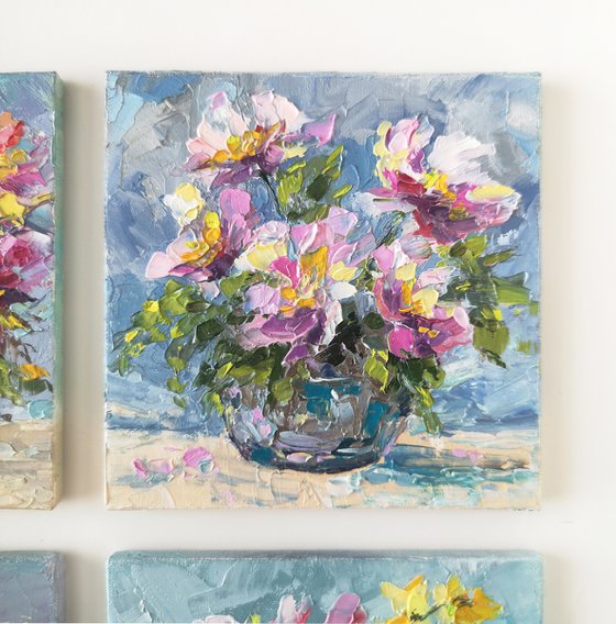 Bright flowers. Floral painting set of 4 small artworks