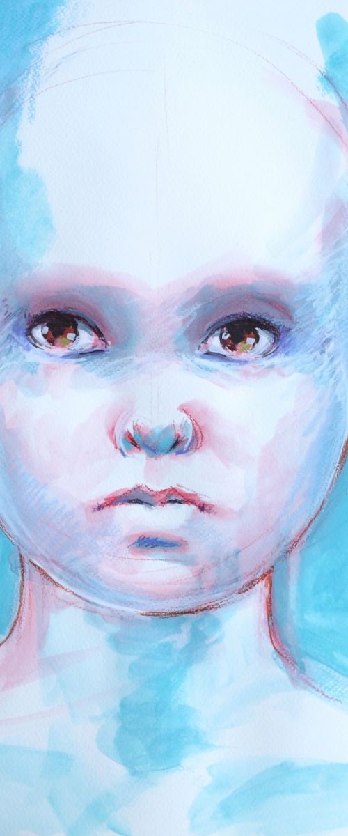 Blue baby - portrait of a child - mixed media painting on paper by Fabienne Monestier