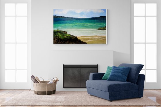 Seascape panorama warm bay. EXTRA LARGE OIL PAINTING