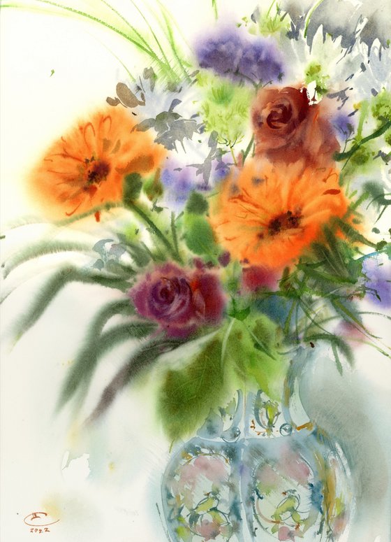 Bright bouquet in a Chinese vase.