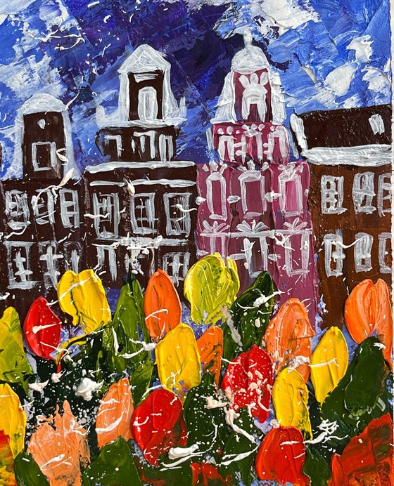 Amsterdam Painting Cityscape Original Art Tulips Impasto Artwork Floral Home Wall Art 6 by 8 by Halyna Kirichenko