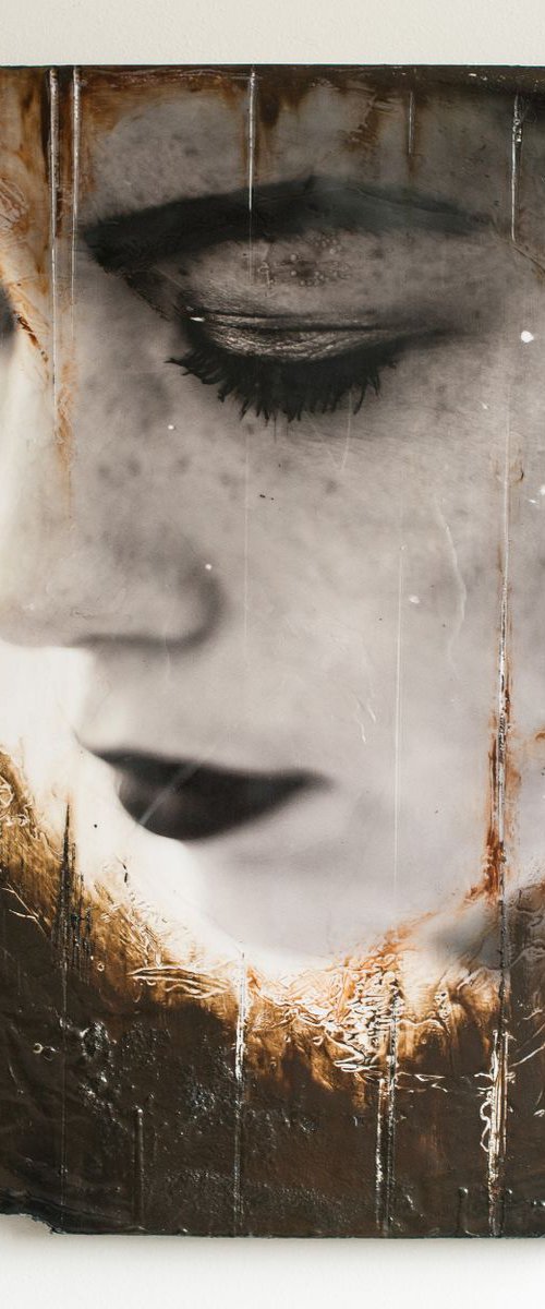 "Regrets" (60x40x3cm) - Unique portrait artwork on wood (abstract, portrait, gouache, original, painting, coffee, acrylic, oil, watercolor, encaustics, beeswax, resin, wood, fingerpaint) by Rouzbeh Tahmassian