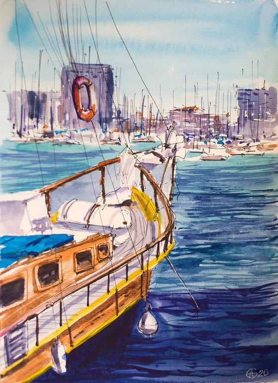 Barcelona Port. Street sketch. Small impressionistic painting interior sea home decor gift idea spain