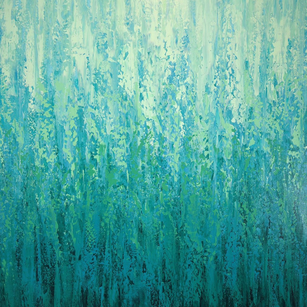 Expressive Abstract Acrylic Painting By Suzanne Vaughan, 40 X 40", Teal Green Flow - Color Field, Original Artwork