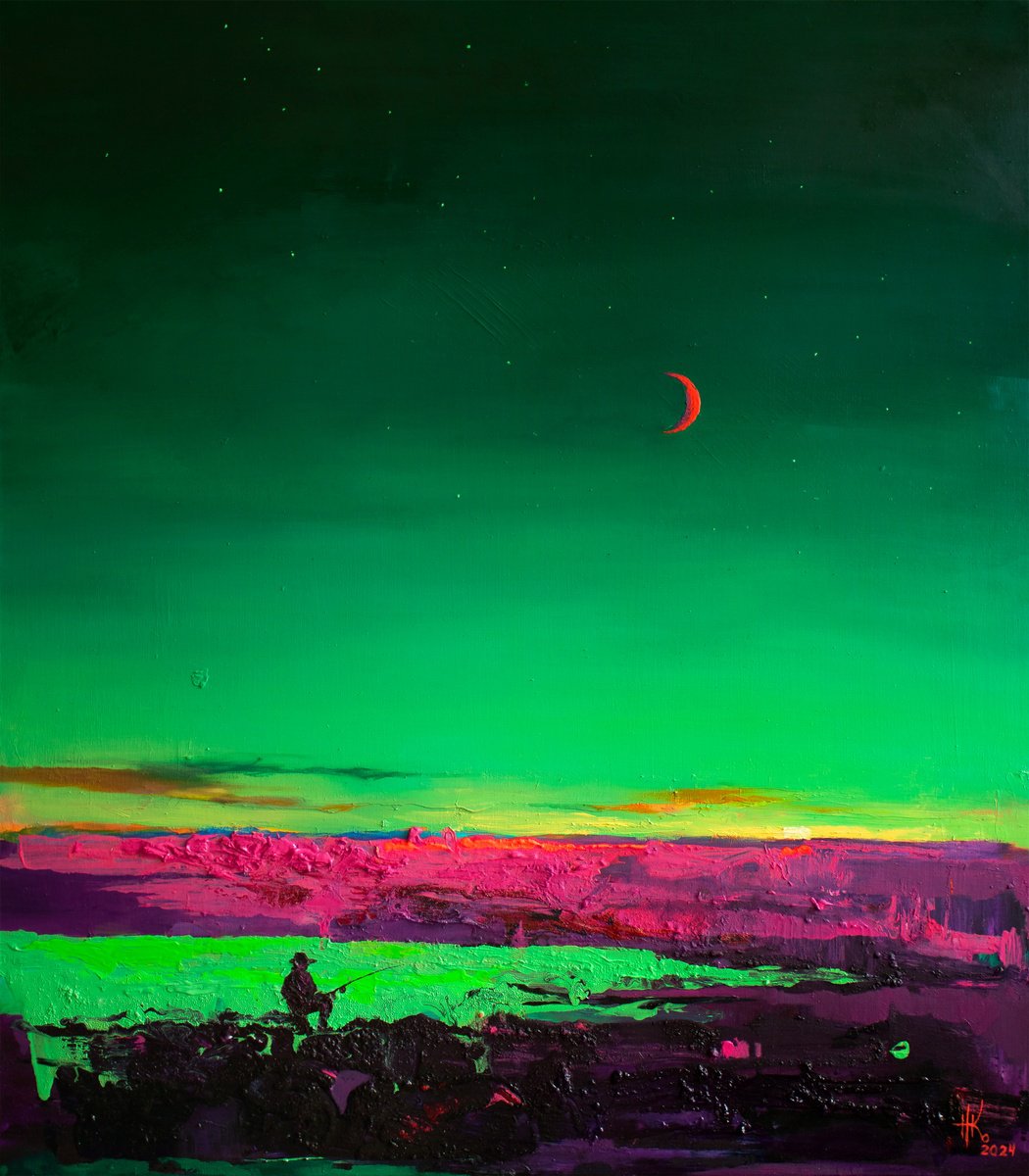 Expressive Landscape Oil Painting By Zhanna Kondratenko, 28 X 31", Night Fishing, Original Artwork