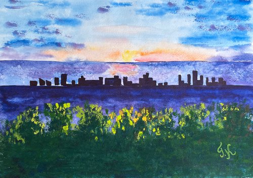 Skyline Painting Ocean Original Art City Watercolor Sea Town Artwork Small Wall Art 17 by 12" by Halyna Kirichenko by Halyna Kirichenko