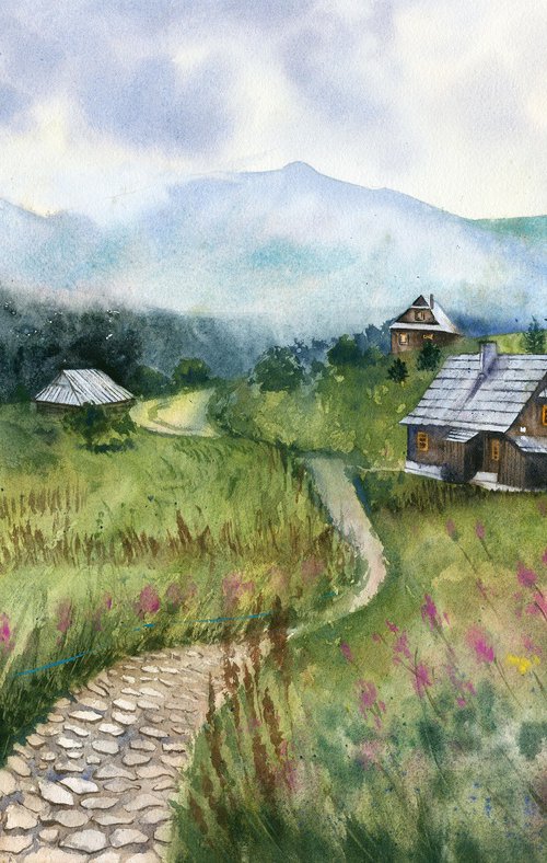 Wooden Cottages Over Tatra Mountains 56x38 by Tetiana Koda