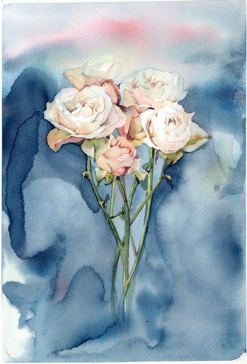 Watercolor roses on blue-green background by Yulia Evsyukova