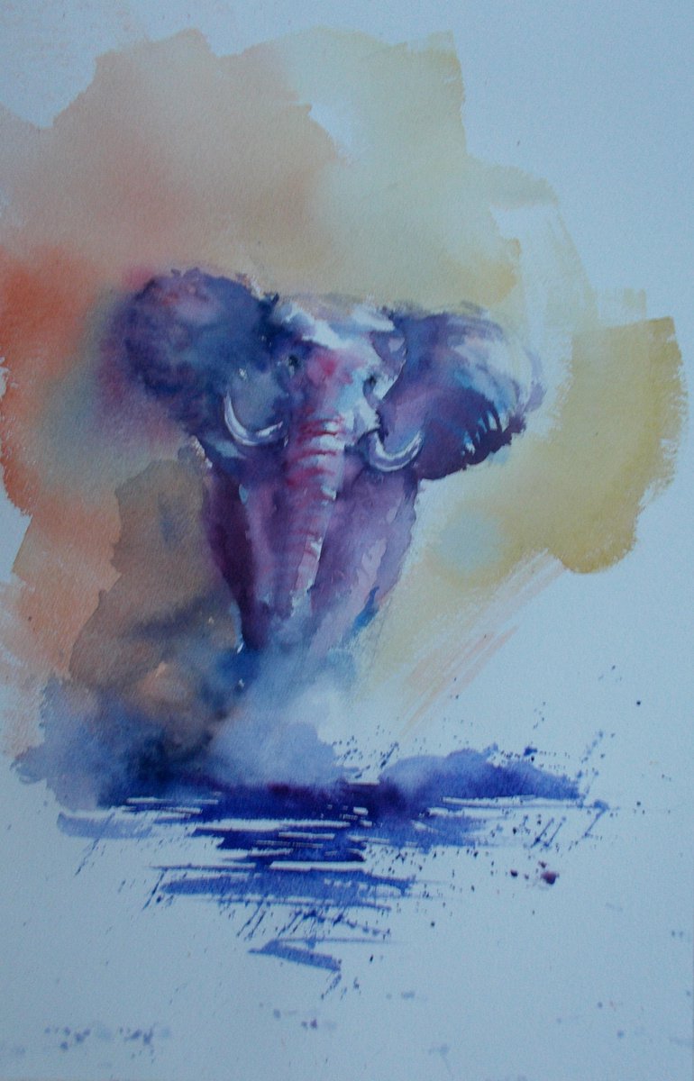 Impressionistic Animal Watercolour By Giorgio Gosti, 14 X 21, Elephant 2, Original Artwork
