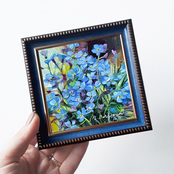 Blue flowers oil painting original Forget-me-not, Small painting framed