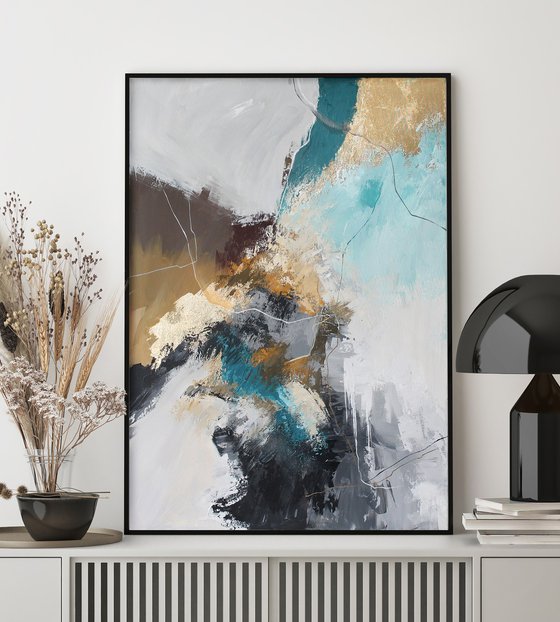 "Blue Rime 2" Teal gray gold abstract acrylic