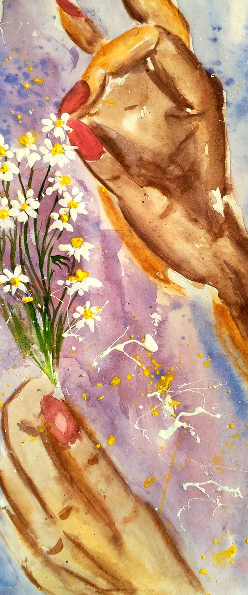 Daisy Painting Floral Original Art Hands Small Watercolor Camomile Artwork Flowers Home Wall Art 8 by 12" by Halyna Kirichenko by Halyna Kirichenko