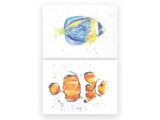 Clown fish watercolor Set of 2 Tropical fish Paintings