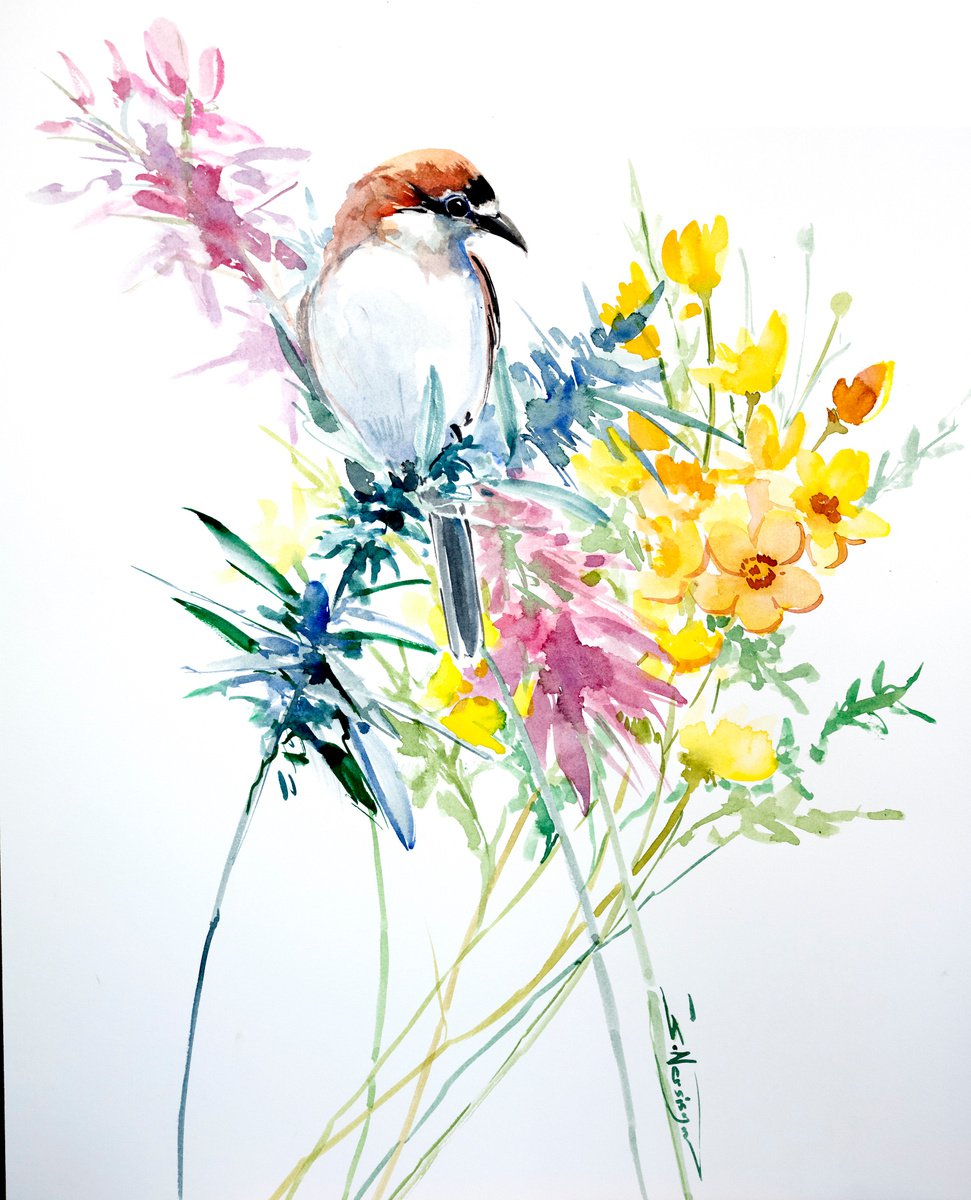 Woodchat Shrike Bird and Wild Flowers by Suren Nersisyan