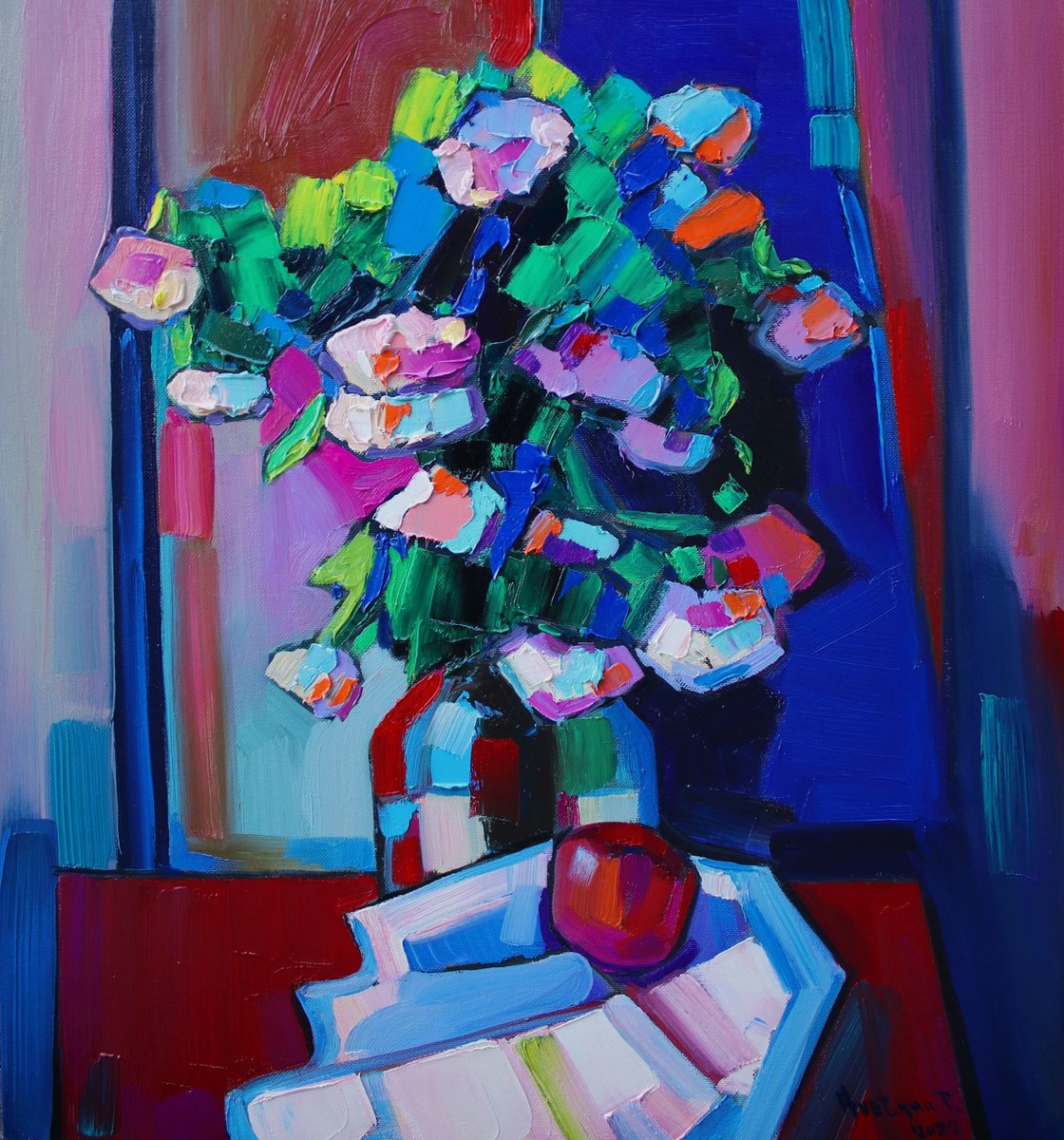 Impressionistic Still Life Oil Painting By Tigran Avetyan, 20 X 22", Flowers, Original Artwork