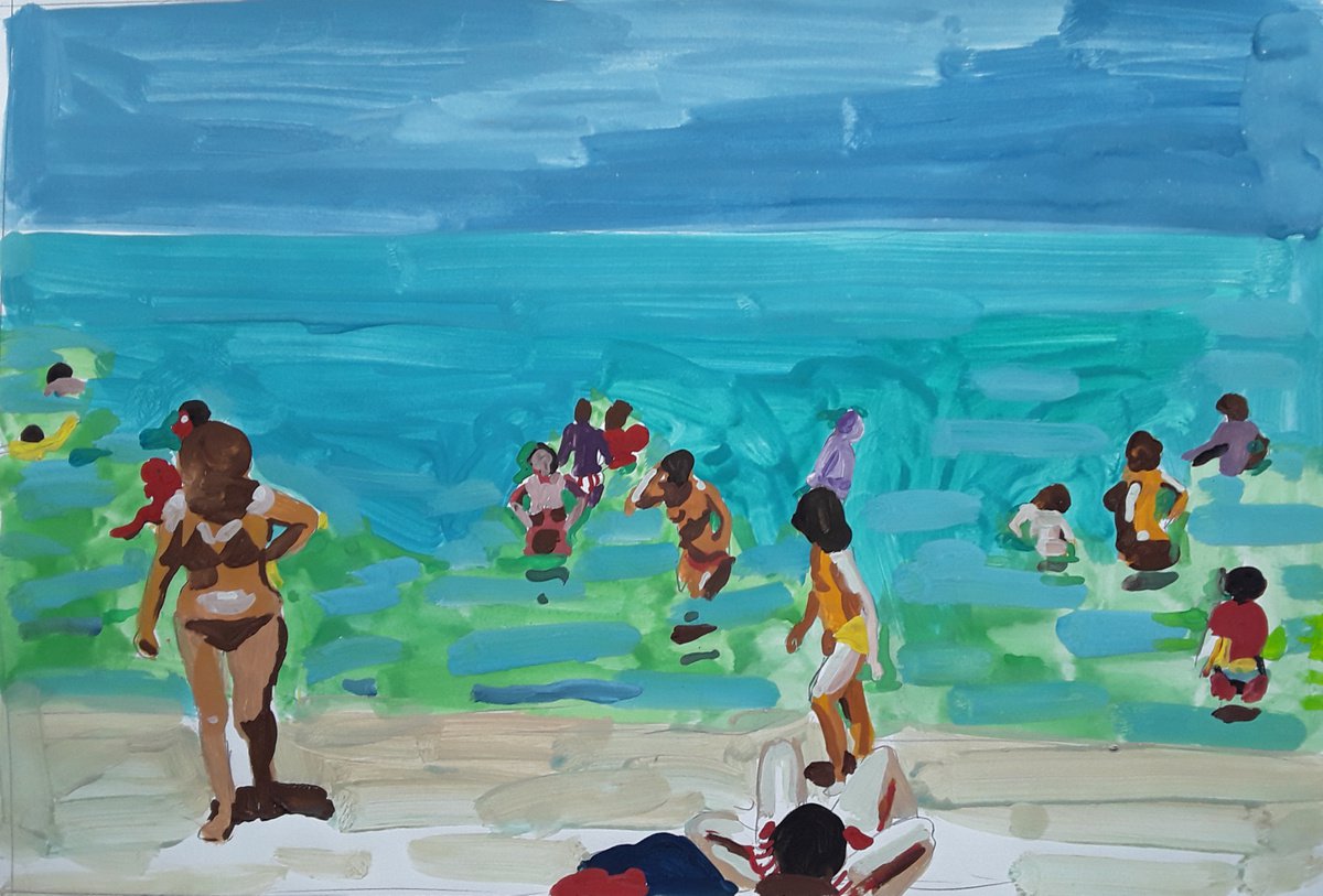 Impressionistic Landscape Painting By Stephen Abela, 23 X 16", Getting Out Of The Water, Original Artwork