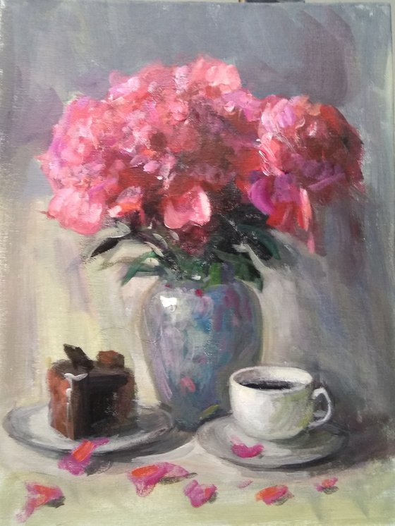 Tea Party With A Bouquet Of Peonies