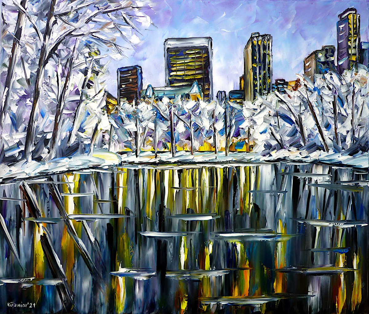 Expressive Cityscapes Oil Painting By Mirek Kuzniar, 28 X 24", Winter In Central Park, Original Artwork