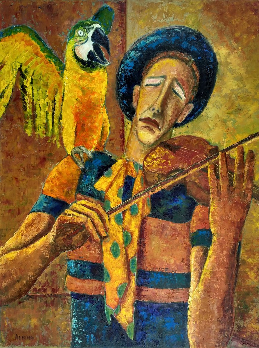 Naive Portrait Oil Painting By Albina Urbanek, 18 X 24, Harmony, Original Artwork